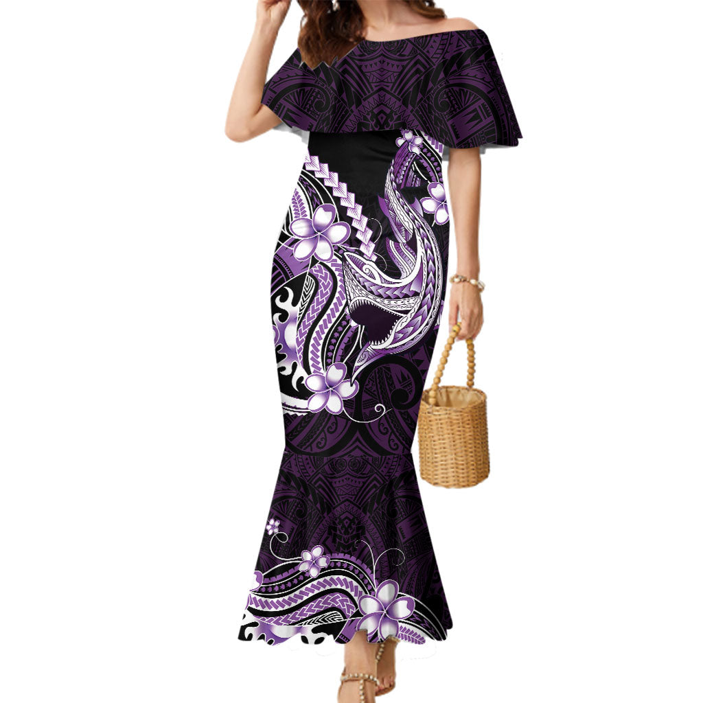 Purple Black Aloha Hawaii Family Matching Mermaid Dress and Hawaiian Shirt Polynesian Shark Tattoo Plumeria LT14 Mom's Dress Purple - Polynesian Pride