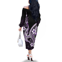 Purple Black Aloha Hawaii Family Matching Off The Shoulder Long Sleeve Dress and Hawaiian Shirt Polynesian Shark Tattoo Plumeria LT14 - Polynesian Pride