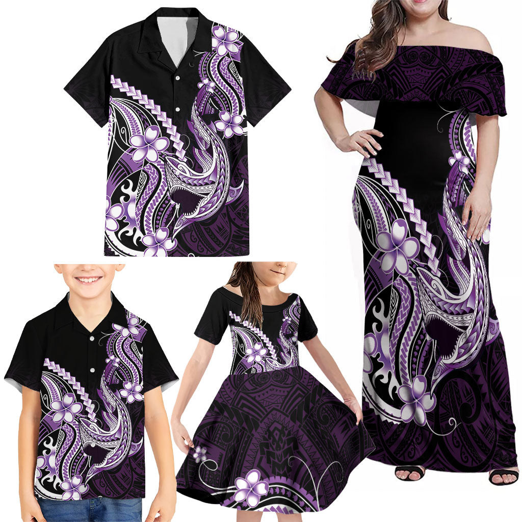 Purple Black Aloha Hawaii Family Matching Off Shoulder Maxi Dress and Hawaiian Shirt Polynesian Shark Tattoo Plumeria
