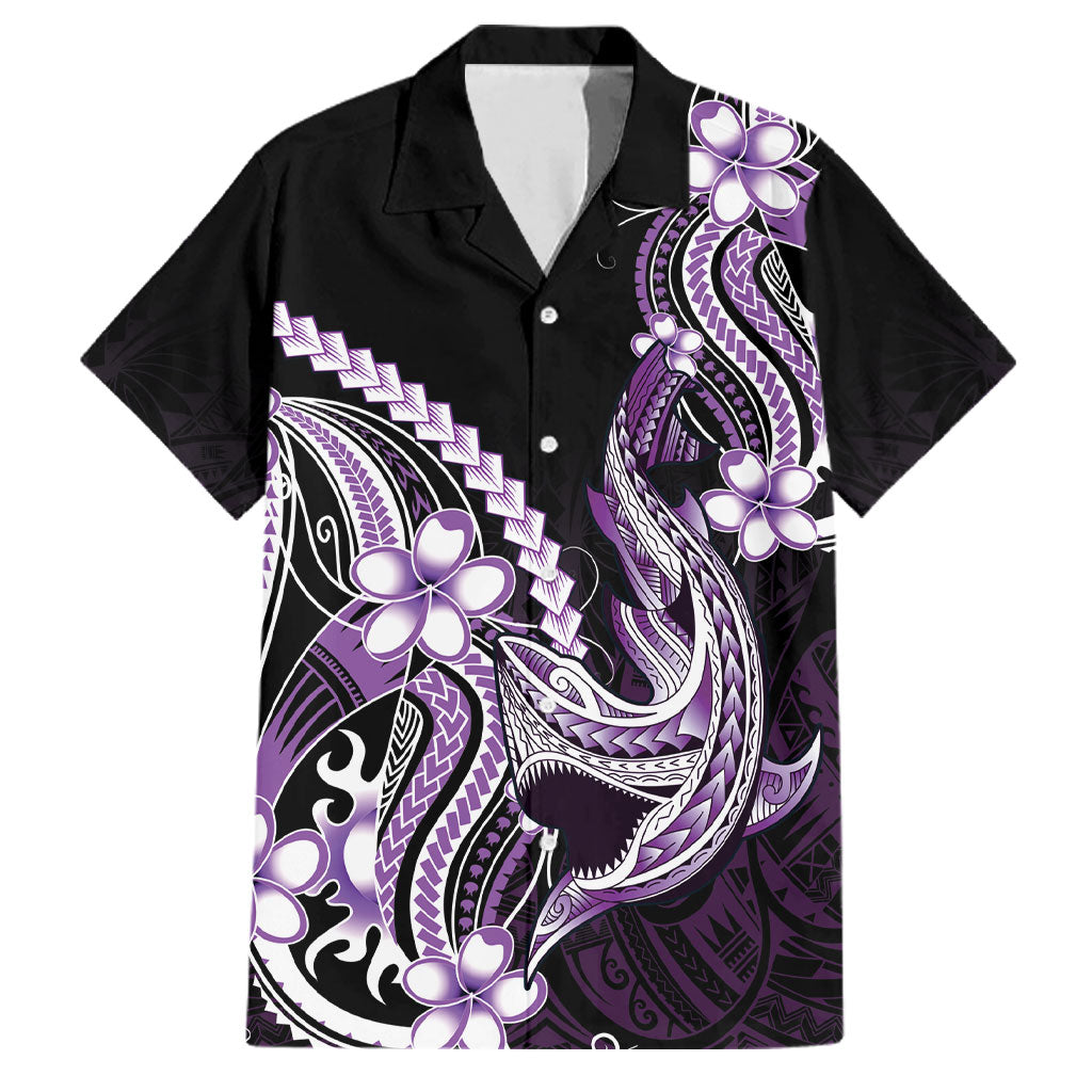 Purple Black Aloha Hawaii Family Matching Off Shoulder Short Dress and Hawaiian Shirt Polynesian Shark Tattoo Plumeria LT14 Dad's Shirt - Short Sleeve Purple - Polynesian Pride