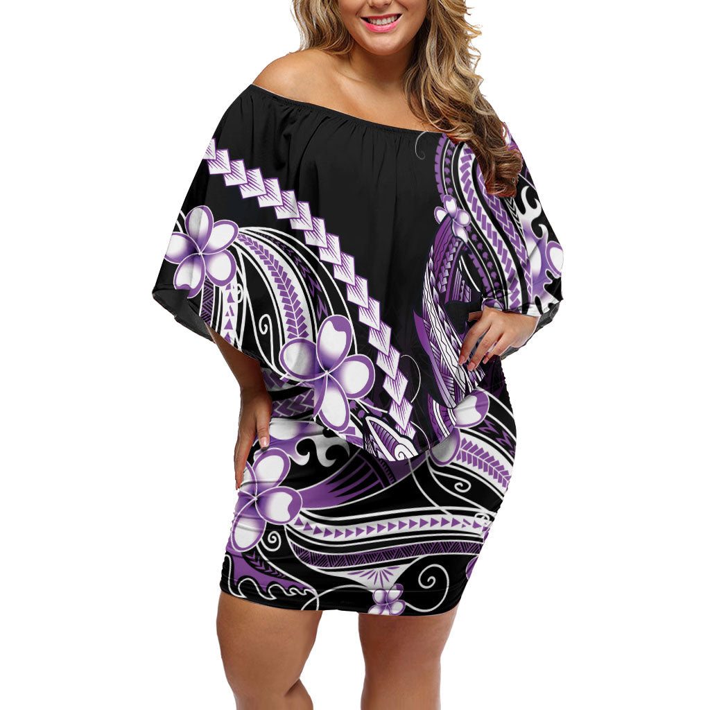 Purple Black Aloha Hawaii Family Matching Off Shoulder Short Dress and Hawaiian Shirt Polynesian Shark Tattoo Plumeria LT14 Mom's Dress Purple - Polynesian Pride