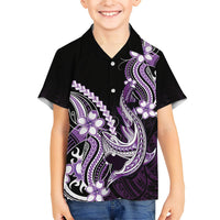 Purple Black Aloha Hawaii Family Matching Off Shoulder Short Dress and Hawaiian Shirt Polynesian Shark Tattoo Plumeria LT14 Son's Shirt Purple - Polynesian Pride