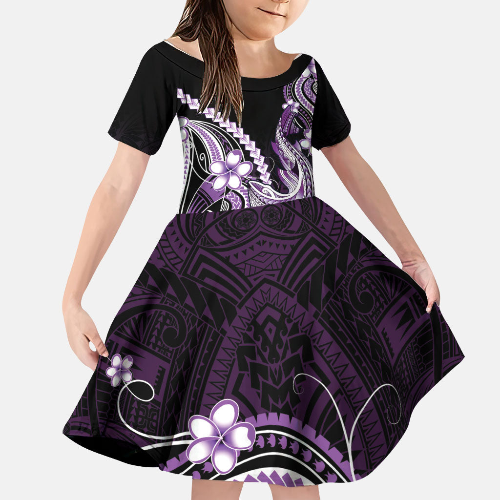 Purple Black Aloha Hawaii Family Matching Puletasi and Hawaiian Shirt Polynesian Shark Tattoo Plumeria LT14 Daughter's Dress Purple - Polynesian Pride