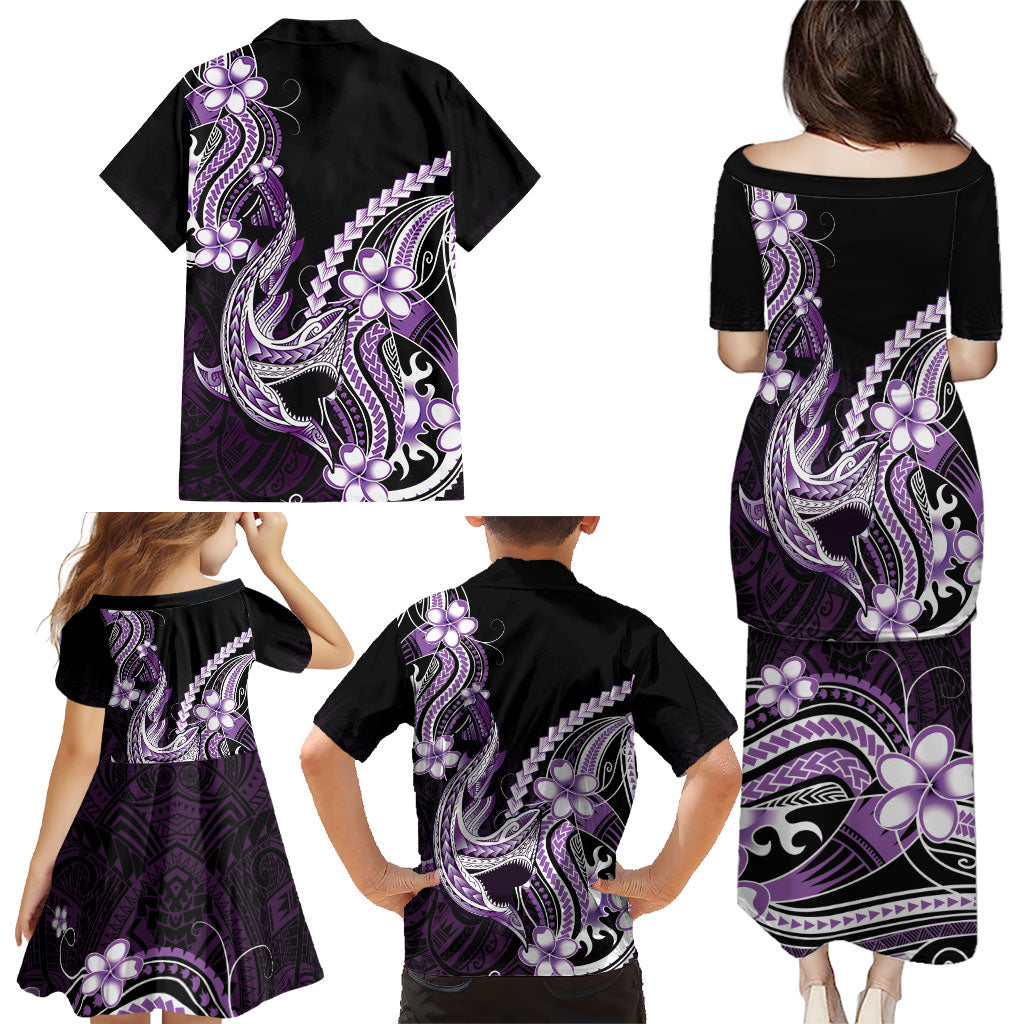 Purple Black Aloha Hawaii Family Matching Puletasi and Hawaiian Shirt Polynesian Shark Tattoo Plumeria LT14 - Polynesian Pride