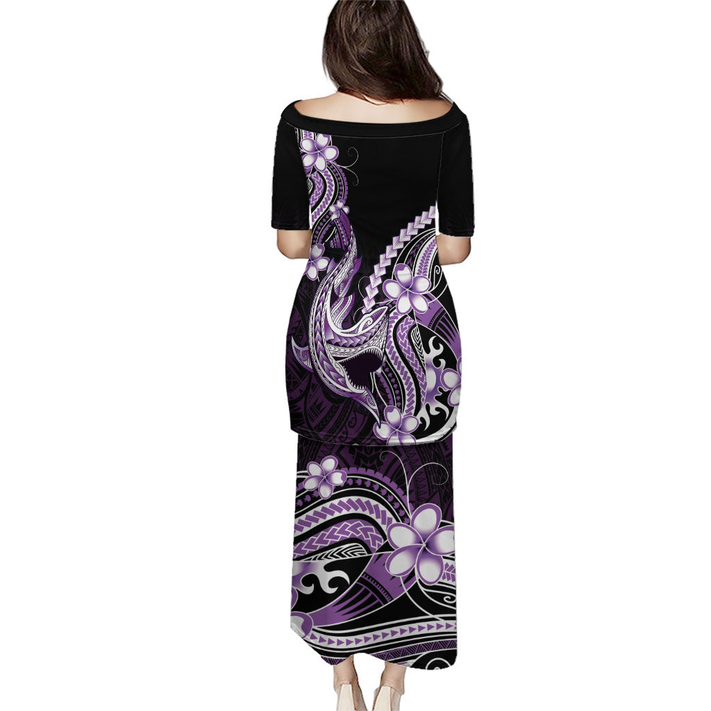 Purple Black Aloha Hawaii Family Matching Puletasi and Hawaiian Shirt Polynesian Shark Tattoo Plumeria LT14 - Polynesian Pride
