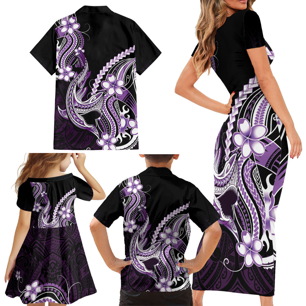 Purple Black Aloha Hawaii Family Matching Short Sleeve Bodycon Dress and Hawaiian Shirt Polynesian Shark Tattoo Plumeria LT14 - Polynesian Pride