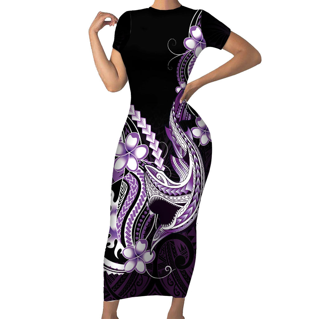 Purple Black Aloha Hawaii Family Matching Short Sleeve Bodycon Dress and Hawaiian Shirt Polynesian Shark Tattoo Plumeria LT14 Mom's Dress Purple - Polynesian Pride