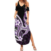 Purple Black Aloha Hawaii Family Matching Summer Maxi Dress and Hawaiian Shirt Polynesian Shark Tattoo Plumeria LT14 Mom's Dress Purple - Polynesian Pride