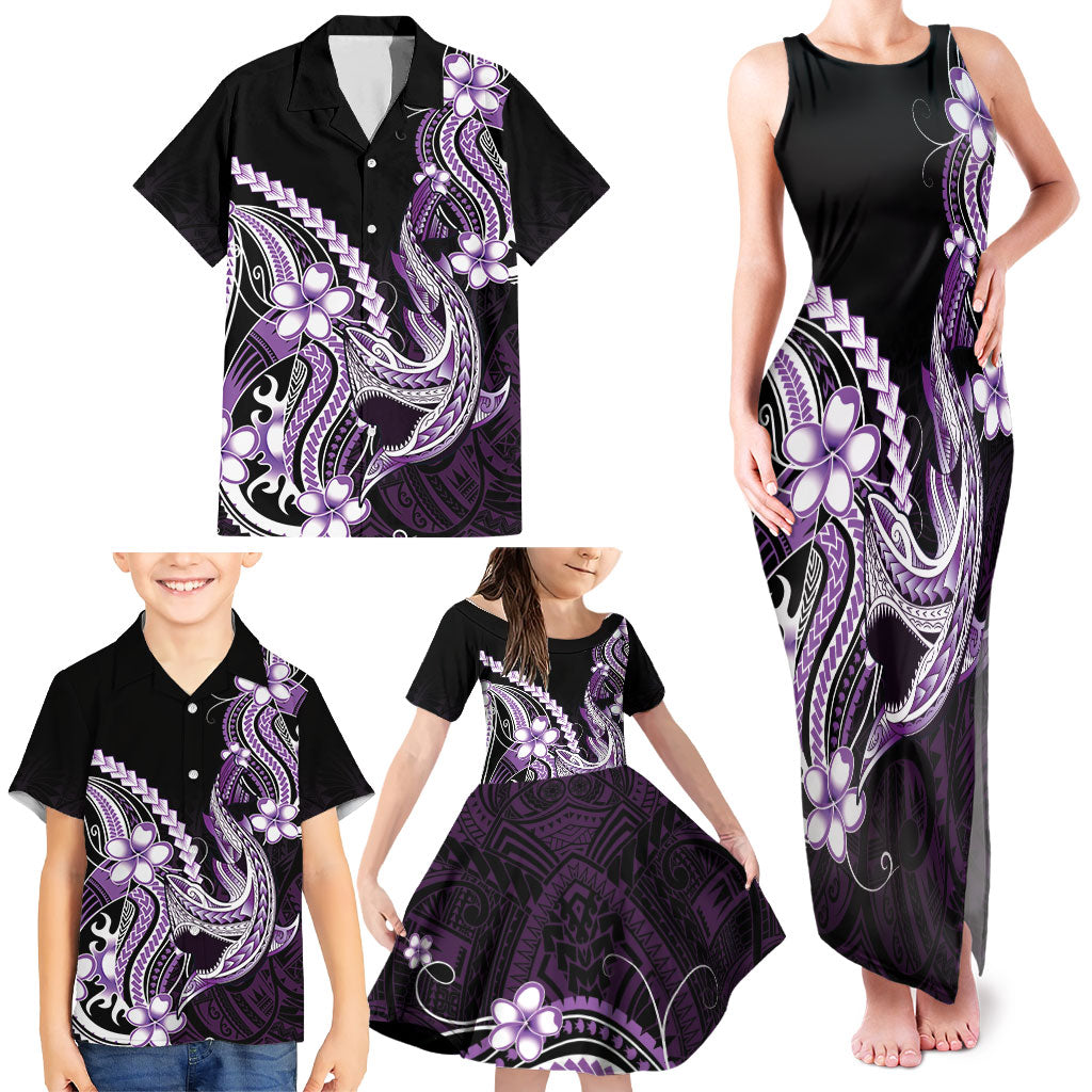 Purple Black Aloha Hawaii Family Matching Tank Maxi Dress and Hawaiian Shirt Polynesian Shark Tattoo Plumeria