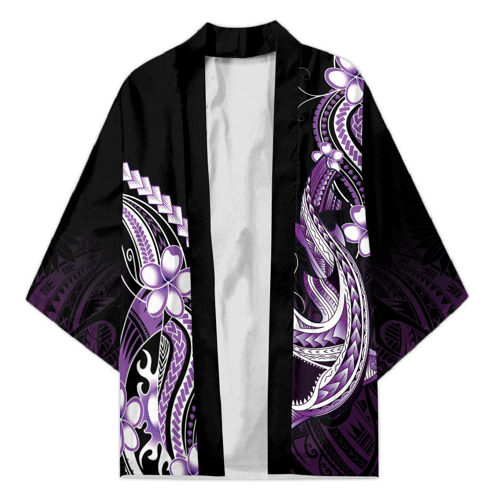 Purple Black Aloha Hawaii Kimono Polynesian Shark Tattoo Plumeria LT14 Unisex Purple - Polynesian Pride