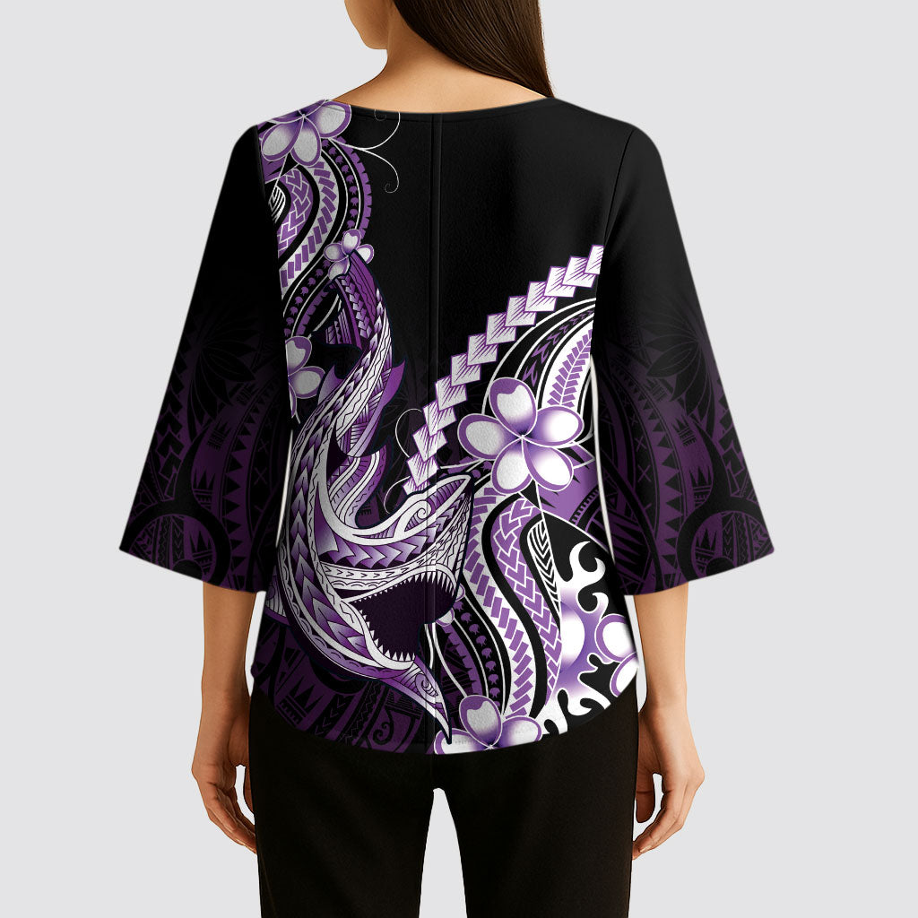 Purple Black Aloha Hawaii Kimono Sleeve Blouse Polynesian Shark Tattoo Plumeria