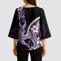 Purple Black Aloha Hawaii Kimono Sleeve Blouse Polynesian Shark Tattoo Plumeria