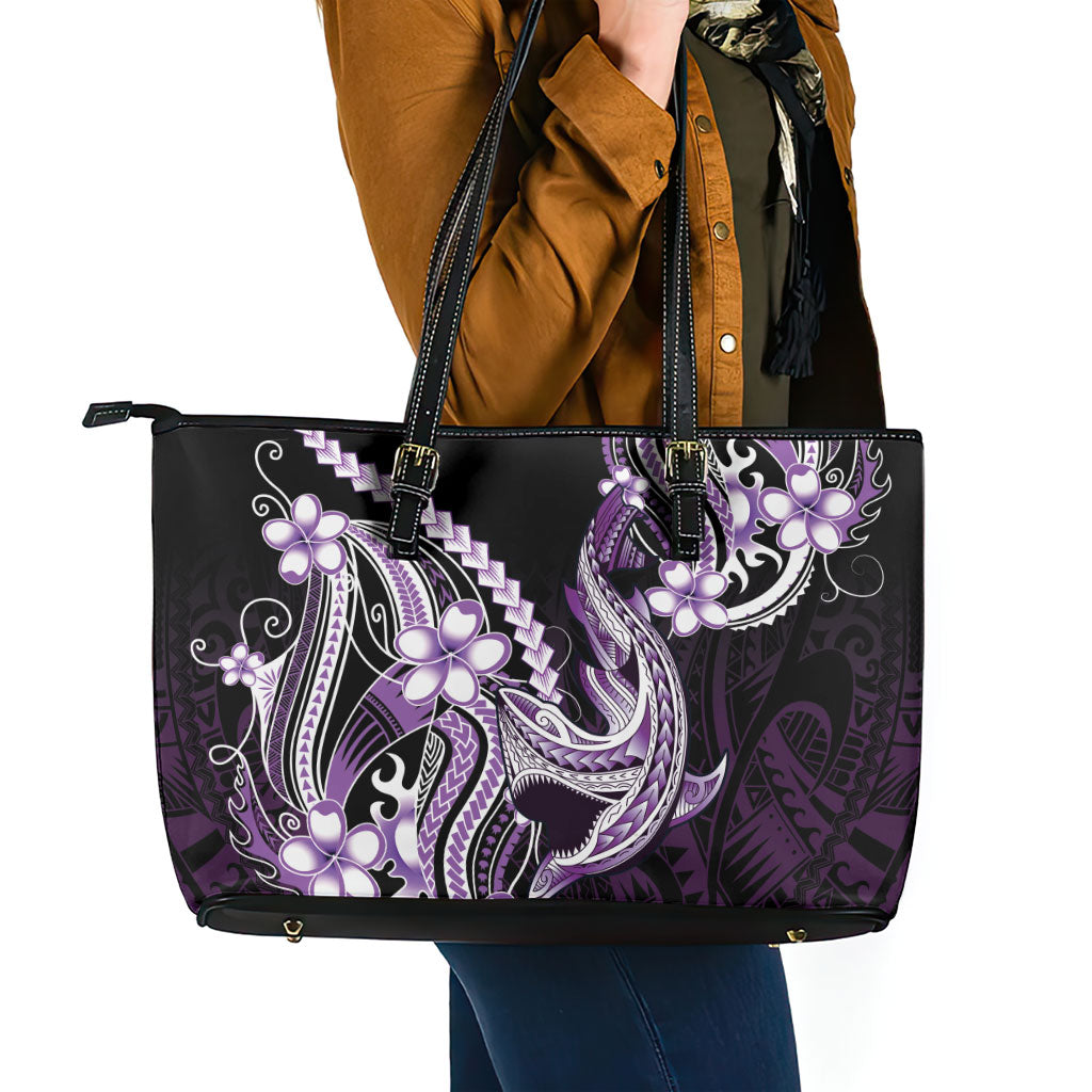 Purple Black Aloha Hawaii Leather Tote Bag Polynesian Shark Tattoo Plumeria