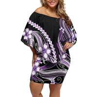 Purple Black Aloha Hawaii Off Shoulder Short Dress Polynesian Shark Tattoo Plumeria