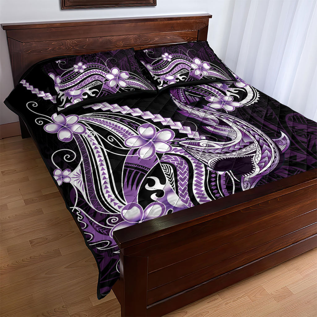 Purple Black Aloha Hawaii Quilt Bed Set Polynesian Shark Tattoo Plumeria