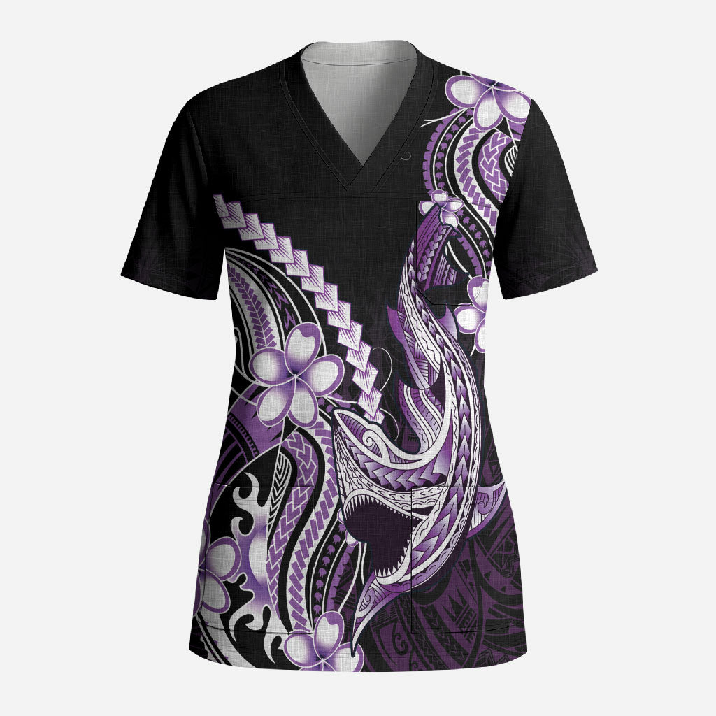 Purple Black Aloha Hawaii Scrub Top Polynesian Shark Tattoo Plumeria
