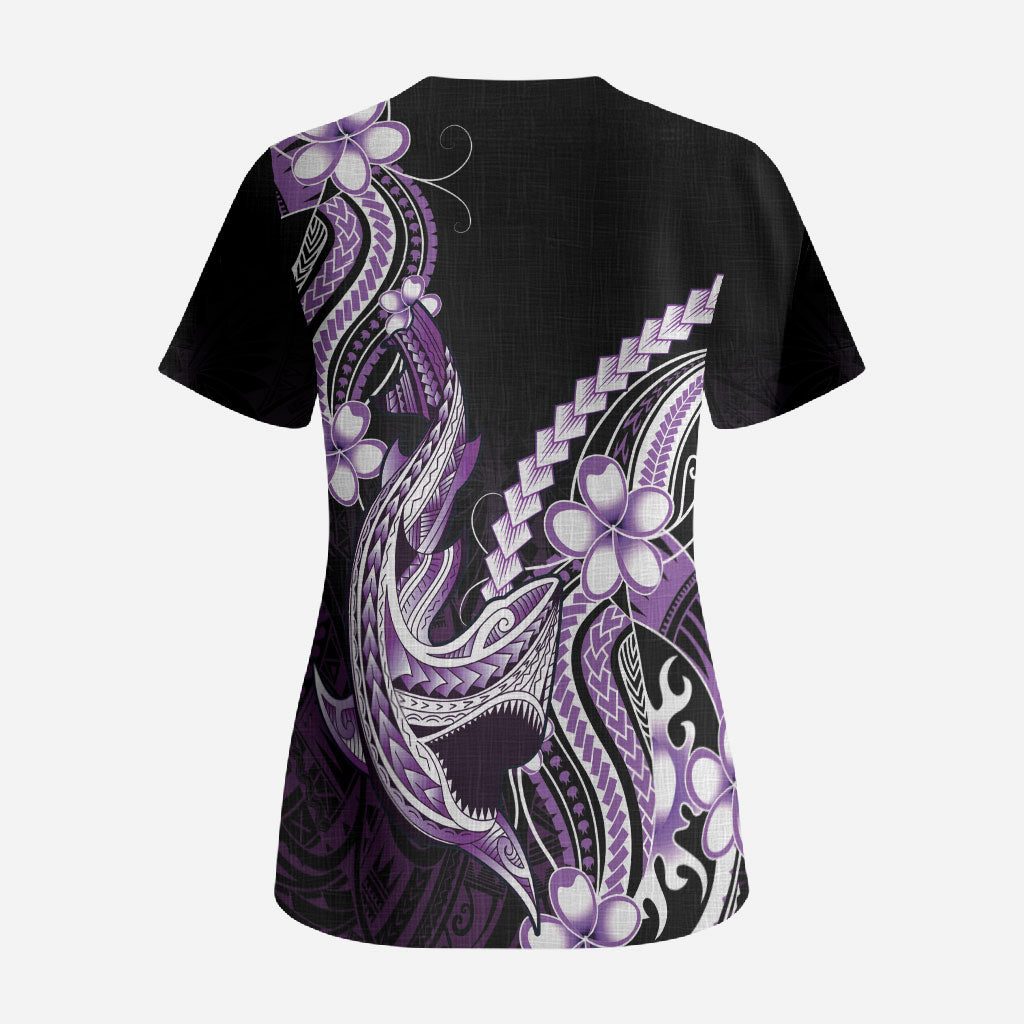 Purple Black Aloha Hawaii Scrub Top Polynesian Shark Tattoo Plumeria