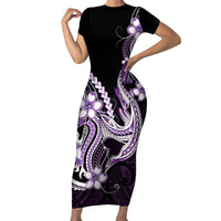 Purple Black Aloha Hawaii Short Sleeve Bodycon Dress Polynesian Shark Tattoo Plumeria