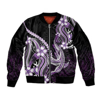 Purple Black Aloha Hawaii Sleeve Zip Bomber Jacket Polynesian Shark Tattoo Plumeria