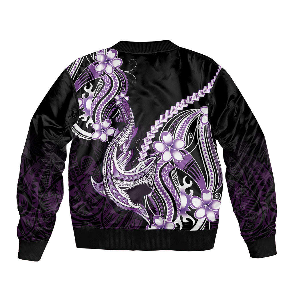 Purple Black Aloha Hawaii Sleeve Zip Bomber Jacket Polynesian Shark Tattoo Plumeria