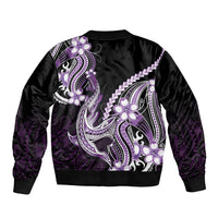 Purple Black Aloha Hawaii Sleeve Zip Bomber Jacket Polynesian Shark Tattoo Plumeria