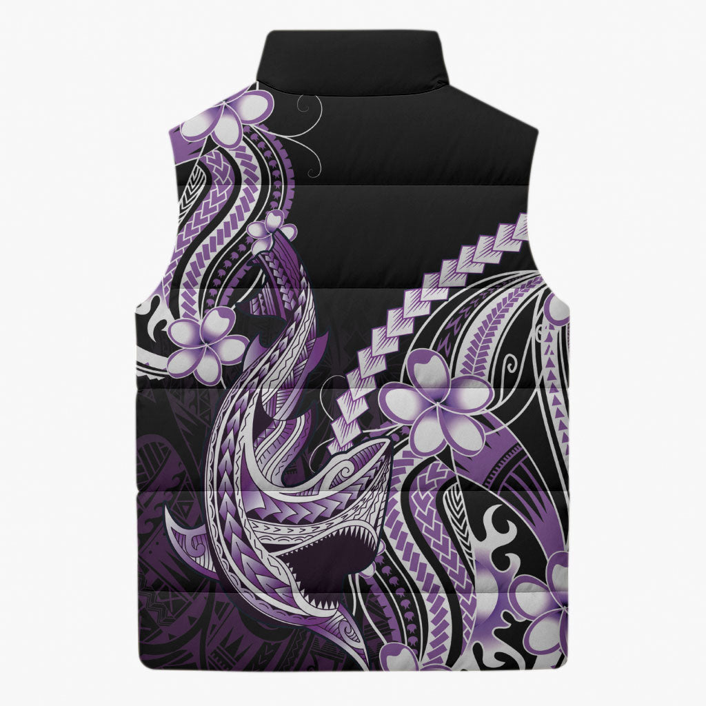 Purple Black Aloha Hawaii Sleeveless Puffer Jacket Polynesian Shark Tattoo Plumeria
