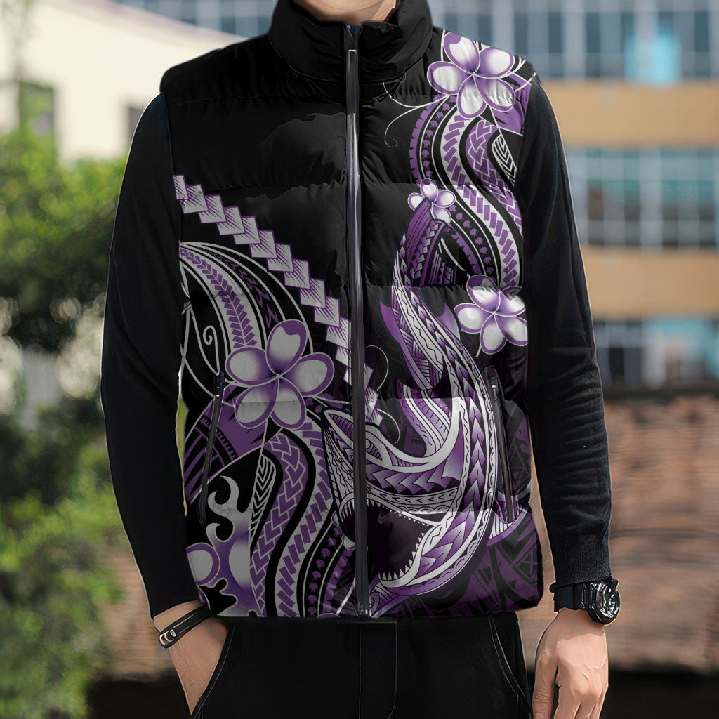 Purple Black Aloha Hawaii Sleeveless Puffer Jacket Polynesian Shark Tattoo Plumeria
