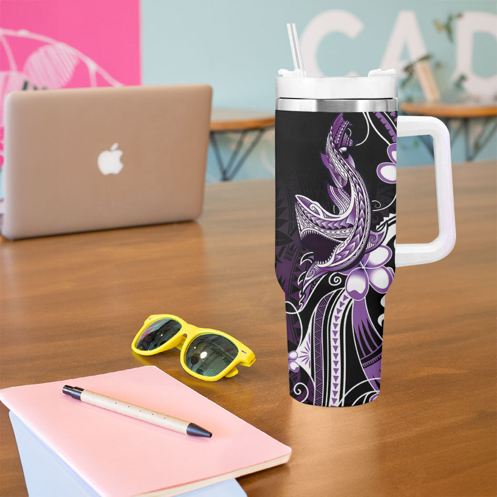 Purple Black Aloha Hawaii Tumbler With Handle Polynesian Shark Tattoo Plumeria LT14 - Polynesian Pride