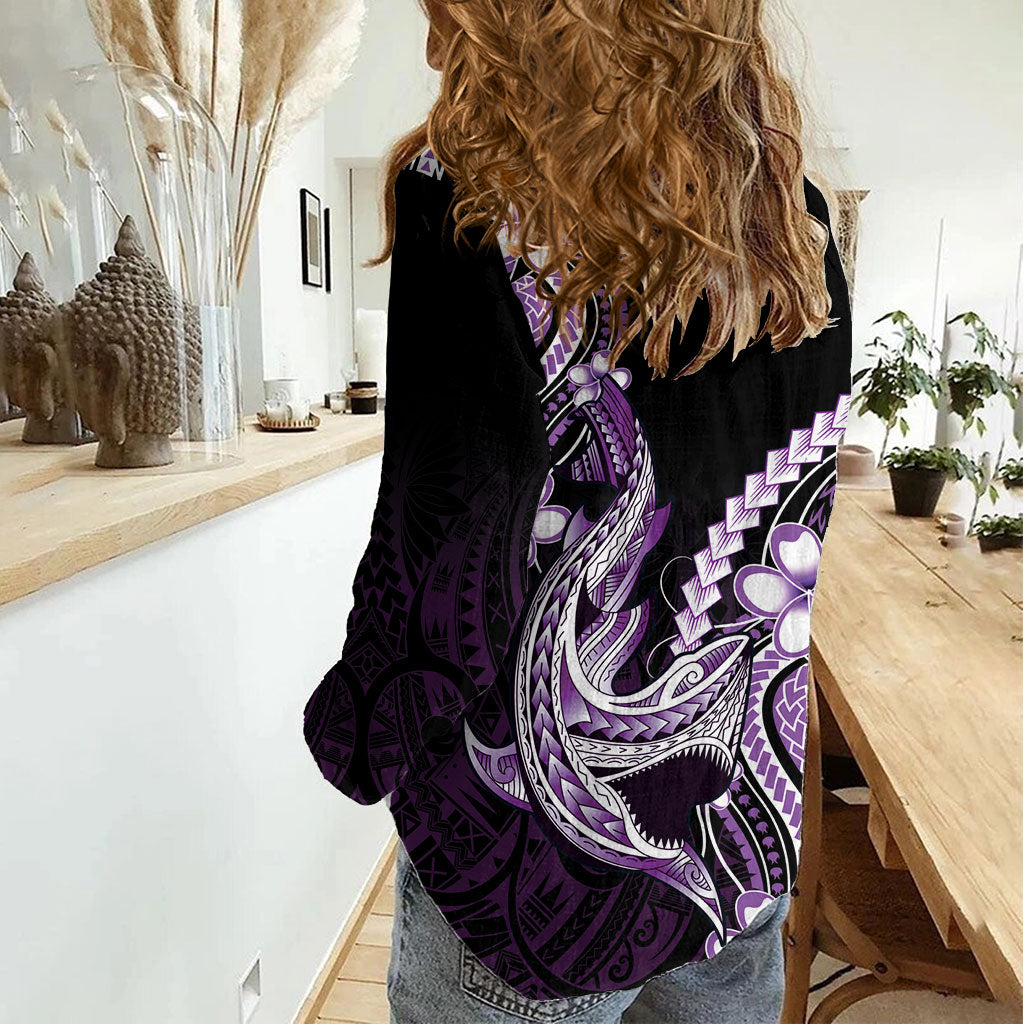 Purple Black Aloha Hawaii Women Casual Shirt Polynesian Shark Tattoo Plumeria