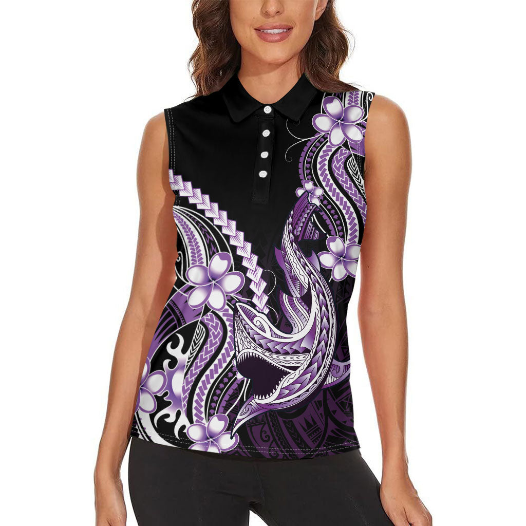 Purple Black Aloha Hawaii Women Sleeveless Polo Shirt Polynesian Shark Tattoo Plumeria LT14 - Polynesian Pride