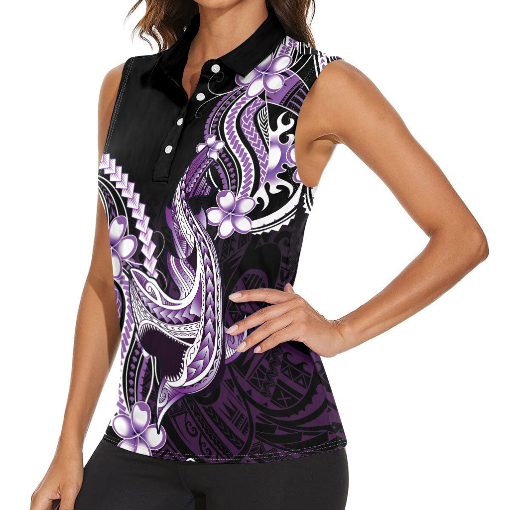 Purple Black Aloha Hawaii Women Sleeveless Polo Shirt Polynesian Shark Tattoo Plumeria LT14 - Polynesian Pride