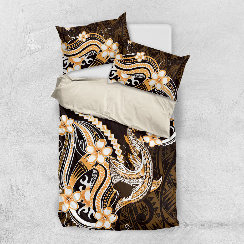 Orange Black Aloha Hawaii Bedding Set Polynesian Shark Tattoo Plumeria