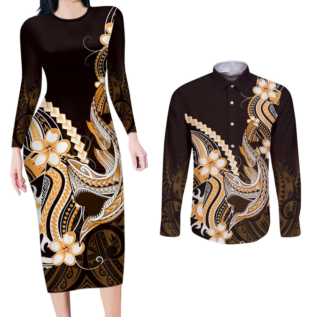 Orange Black Aloha Hawaii Couples Matching Long Sleeve Bodycon Dress and Long Sleeve Button Shirt Polynesian Shark Tattoo Plumeria LT14 Orange - Polynesian Pride
