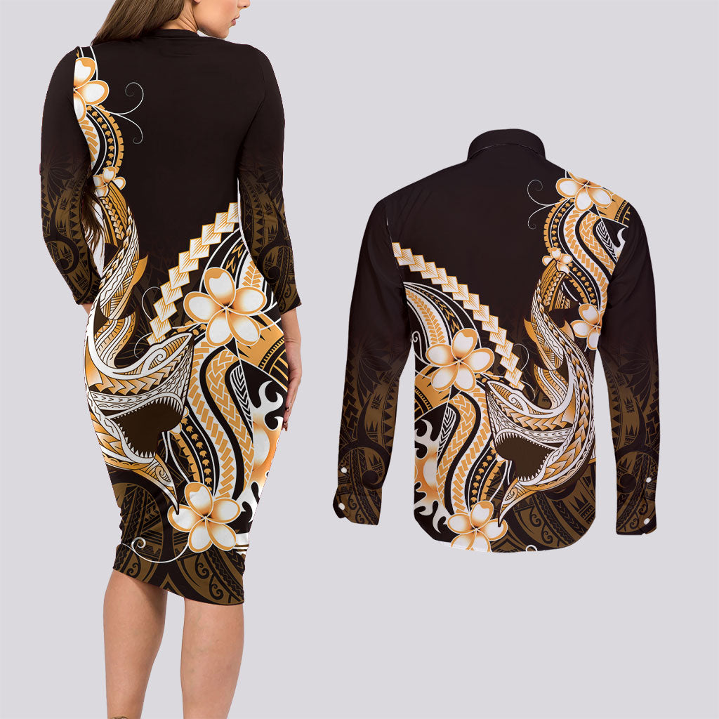 Orange Black Aloha Hawaii Couples Matching Long Sleeve Bodycon Dress and Long Sleeve Button Shirt Polynesian Shark Tattoo Plumeria LT14 - Polynesian Pride