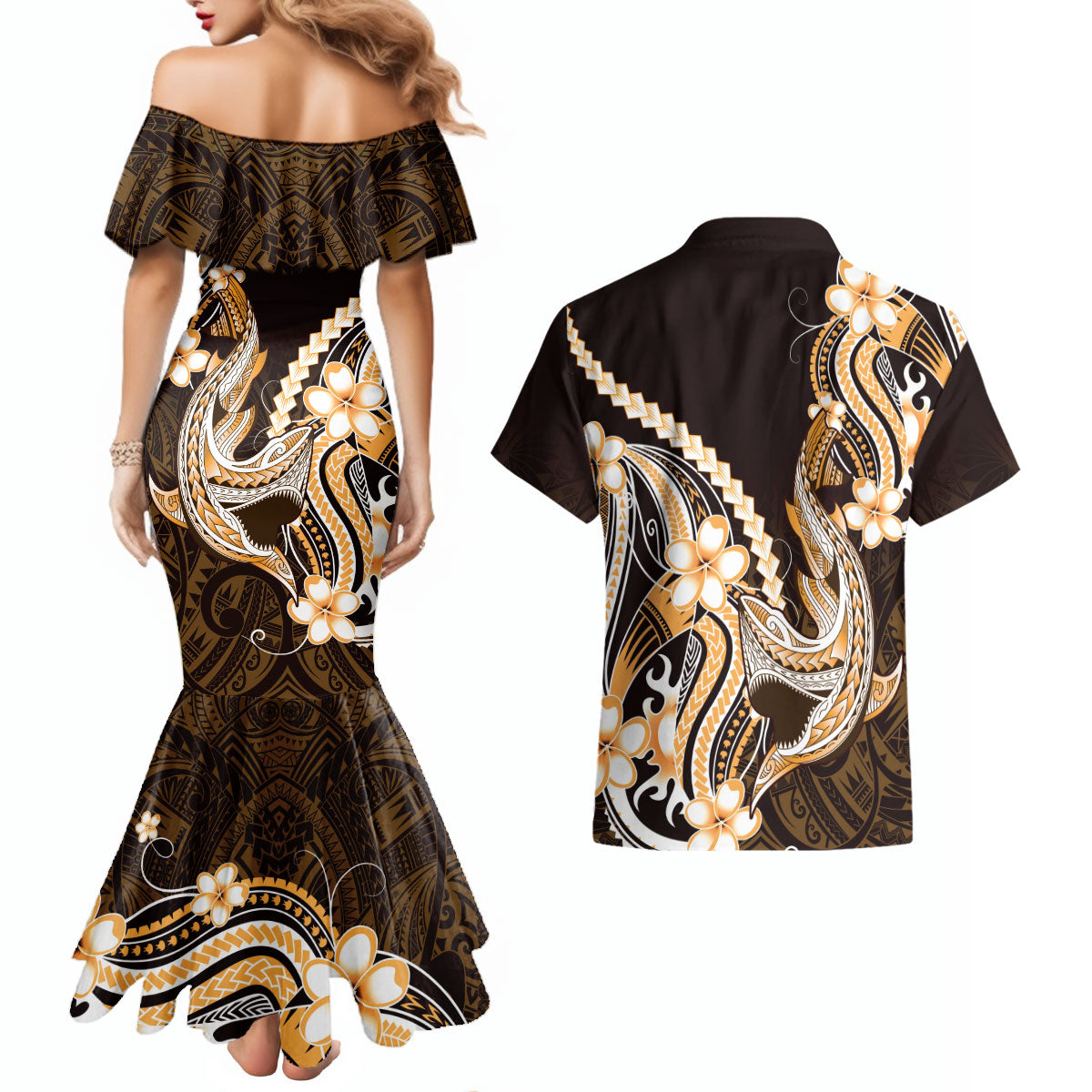 Orange Black Aloha Hawaii Couples Matching Mermaid Dress and Hawaiian Shirt Polynesian Shark Tattoo Plumeria LT14 - Polynesian Pride