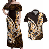 Orange Black Aloha Hawaii Couples Matching Off Shoulder Maxi Dress and Hawaiian Shirt Polynesian Shark Tattoo Plumeria