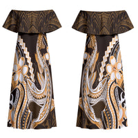Orange Black Aloha Hawaii Couples Matching Off Shoulder Maxi Dress and Hawaiian Shirt Polynesian Shark Tattoo Plumeria LT14 - Polynesian Pride