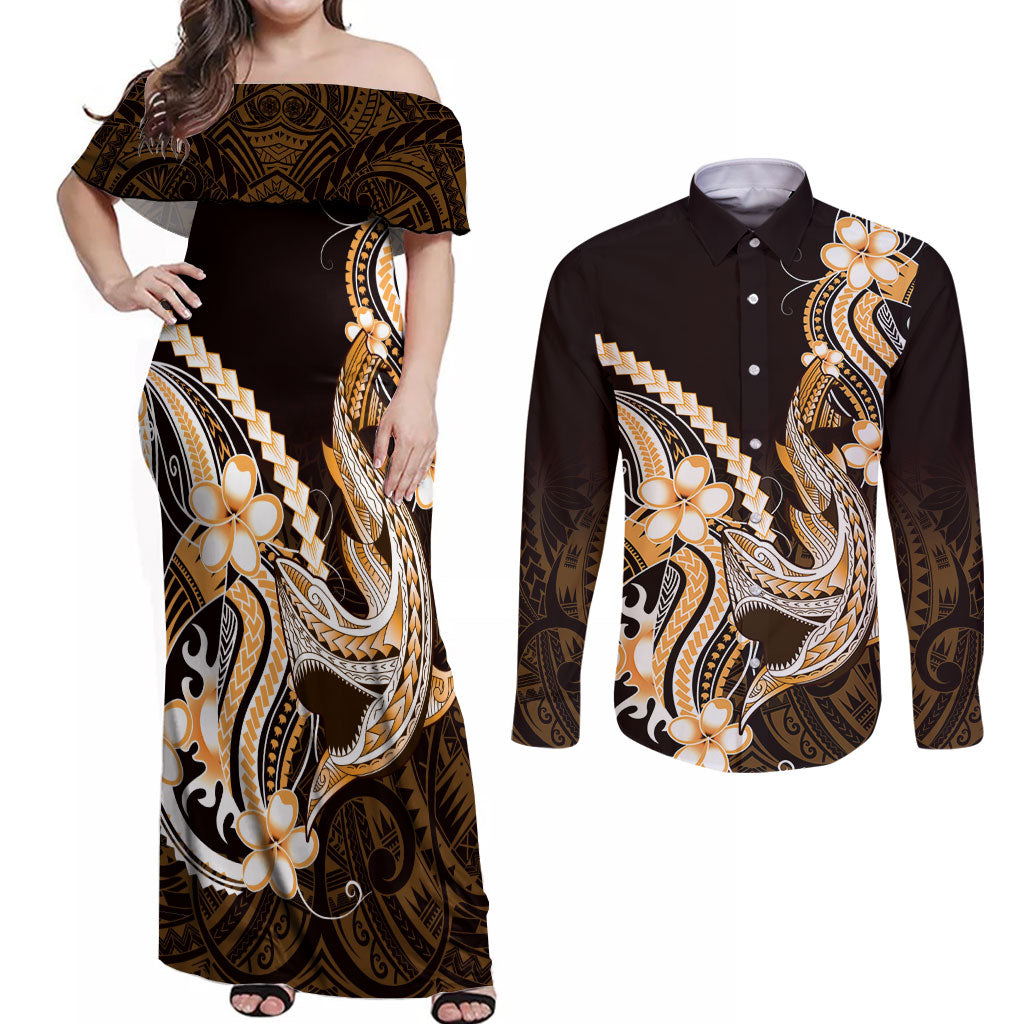 Orange Black Aloha Hawaii Couples Matching Off Shoulder Maxi Dress and Long Sleeve Button Shirt Polynesian Shark Tattoo Plumeria LT14 Orange - Polynesian Pride