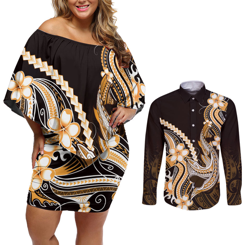 Orange Black Aloha Hawaii Couples Matching Off Shoulder Short Dress and Long Sleeve Button Shirt Polynesian Shark Tattoo Plumeria