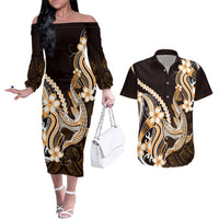 Orange Black Aloha Hawaii Couples Matching Off The Shoulder Long Sleeve Dress and Hawaiian Shirt Polynesian Shark Tattoo Plumeria LT14 Orange - Polynesian Pride
