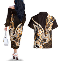 Orange Black Aloha Hawaii Couples Matching Off The Shoulder Long Sleeve Dress and Hawaiian Shirt Polynesian Shark Tattoo Plumeria LT14 - Polynesian Pride