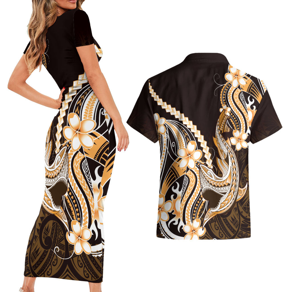 Orange Black Aloha Hawaii Couples Matching Short Sleeve Bodycon Dress and Hawaiian Shirt Polynesian Shark Tattoo Plumeria LT14 - Polynesian Pride