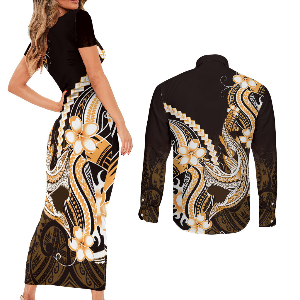 Orange Black Aloha Hawaii Couples Matching Short Sleeve Bodycon Dress and Long Sleeve Button Shirt Polynesian Shark Tattoo Plumeria LT14 - Polynesian Pride