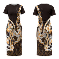 Orange Black Aloha Hawaii Couples Matching Short Sleeve Bodycon Dress and Long Sleeve Button Shirt Polynesian Shark Tattoo Plumeria LT14 - Polynesian Pride
