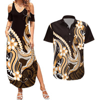 Orange Black Aloha Hawaii Couples Matching Summer Maxi Dress and Hawaiian Shirt Polynesian Shark Tattoo Plumeria