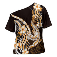 Orange Black Aloha Hawaii Cross Shoulder Shirt Polynesian Shark Tattoo Plumeria