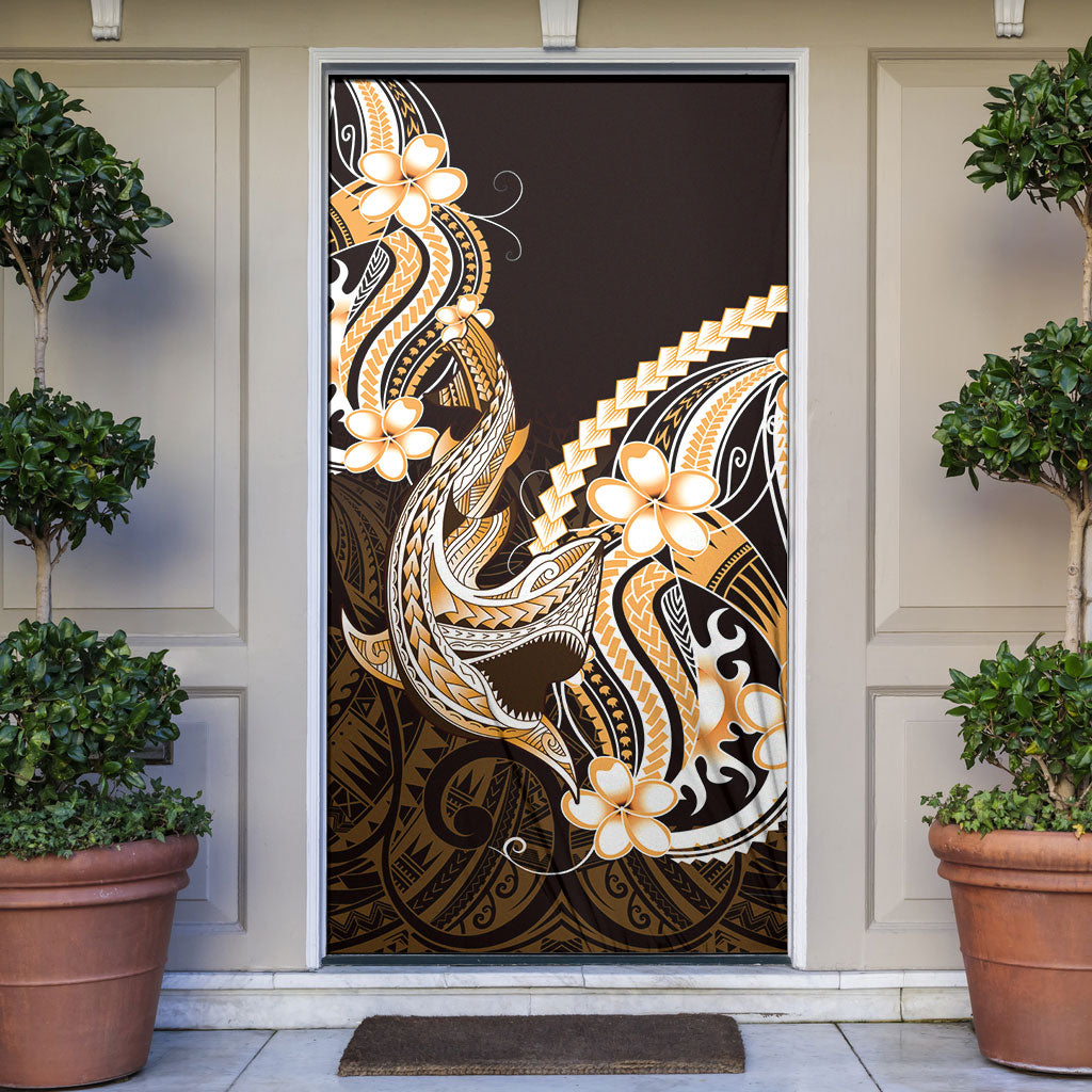 Orange Black Aloha Hawaii Door Cover Polynesian Shark Tattoo Plumeria