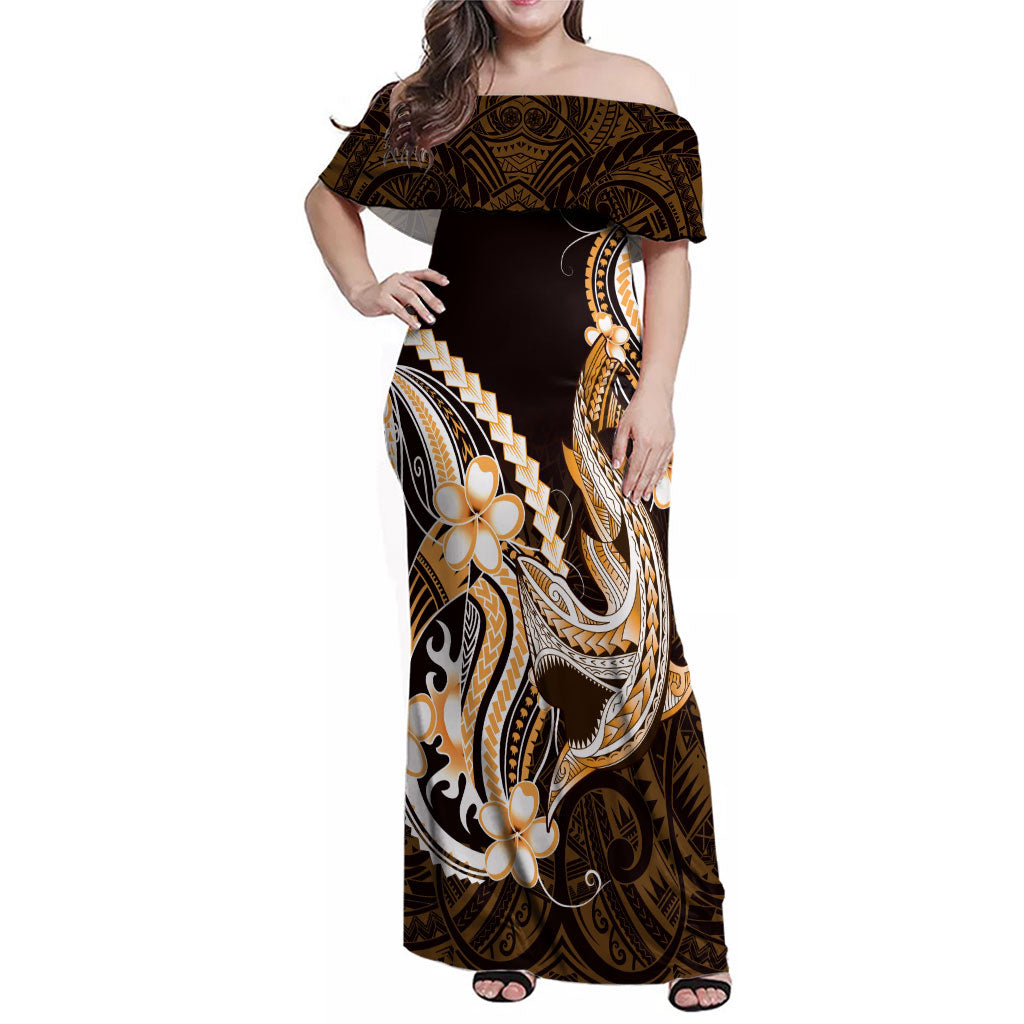 Orange Black Aloha Hawaii Family Matching Off Shoulder Maxi Dress and Hawaiian Shirt Polynesian Shark Tattoo Plumeria LT14 Mom's Dress Orange - Polynesian Pride