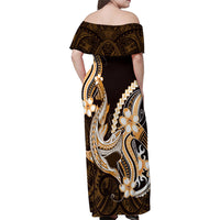Orange Black Aloha Hawaii Family Matching Off Shoulder Maxi Dress and Hawaiian Shirt Polynesian Shark Tattoo Plumeria LT14 - Polynesian Pride