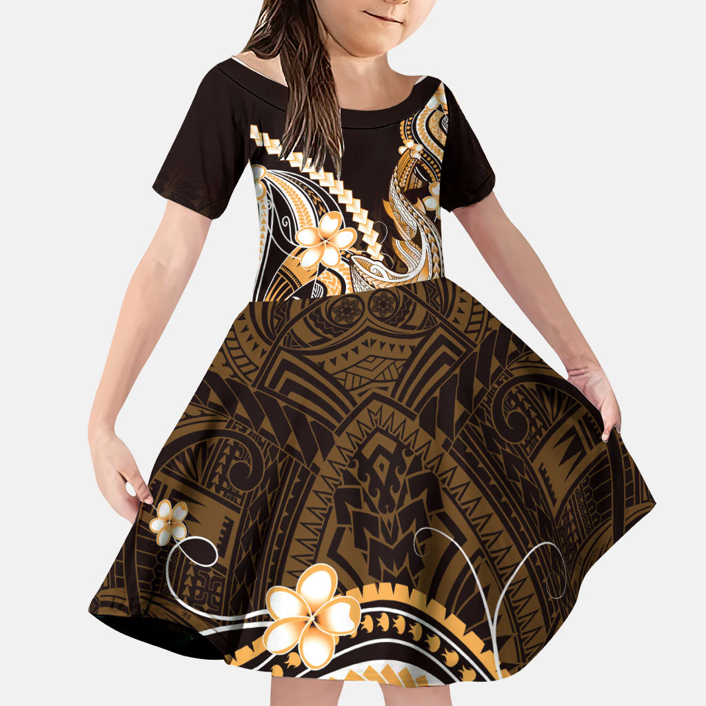 Orange Black Aloha Hawaii Family Matching Off Shoulder Short Dress and Hawaiian Shirt Polynesian Shark Tattoo Plumeria LT14 Daughter's Dress Orange - Polynesian Pride